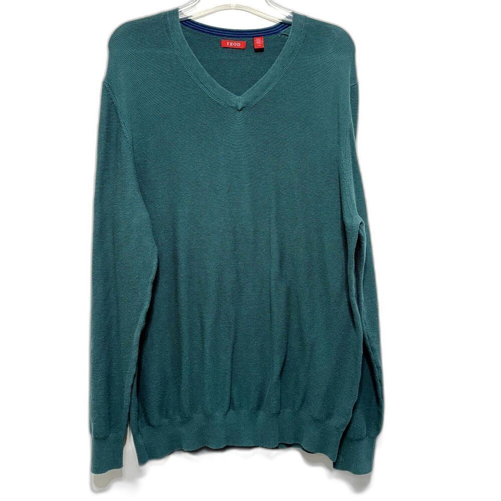 Izod Sweater Tight Knit Long Sleeve V-Neck Deep Green Dressy Casual Men sz Large